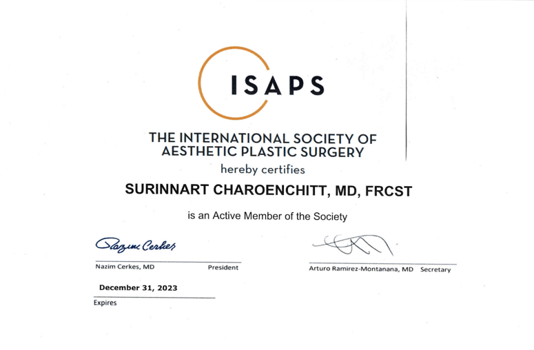 Membership of International Society of Aesthetic Plastic Surgery (ISAPS)