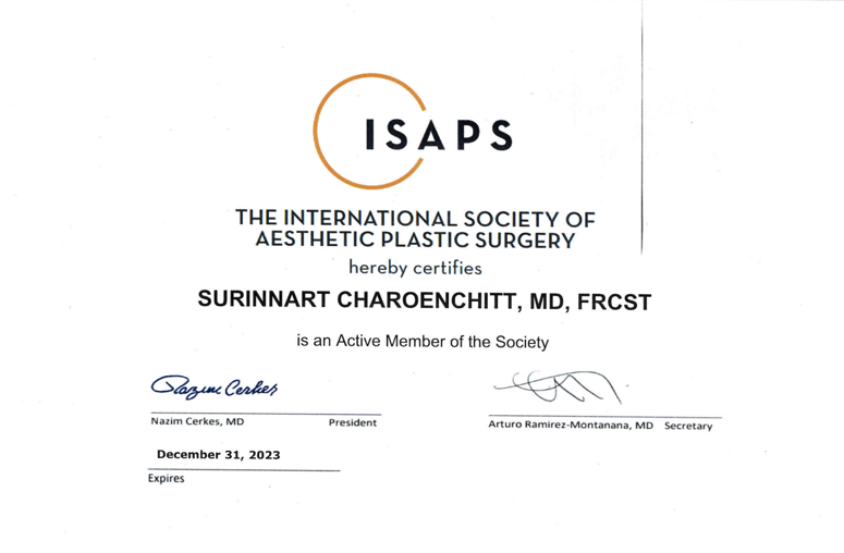 สมาชิกองค์กรวิชาชีพชั้นนำของโลกสำหรับศัลยแพทย์ตกแต่งเพื่อความงาม International Society of Aesthetic Plastic Surgery (ISAPS)